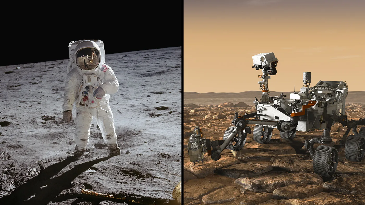 El astronauta del Apolo 11, Buzz Aldrin (1969). El rover Mars 2020 en el Cráter Jezero, Marte (2020)